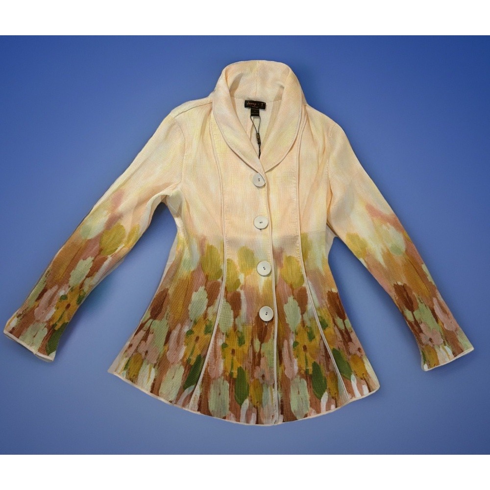 Jerry T Women Beige Floral Textured Shawl Collar Spring Jacket Medium NWT